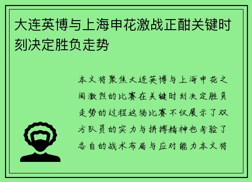 大连英博与上海申花激战正酣关键时刻决定胜负走势