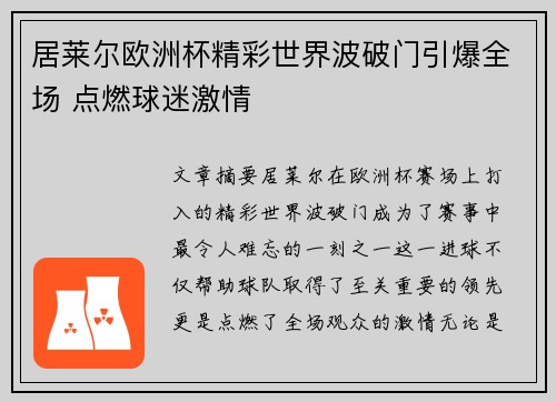 居莱尔欧洲杯精彩世界波破门引爆全场 点燃球迷激情