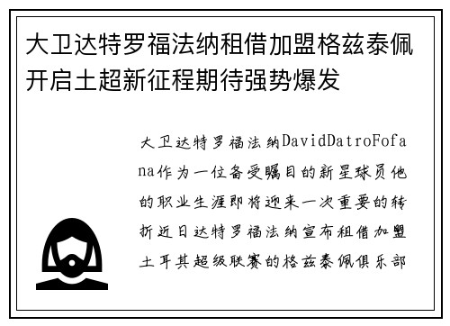 大卫达特罗福法纳租借加盟格兹泰佩开启土超新征程期待强势爆发